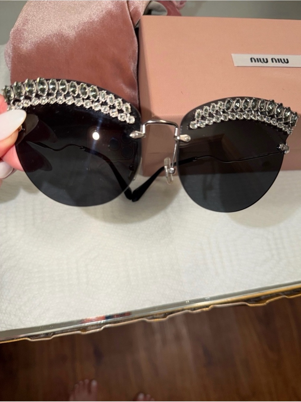 Authentic Miu Miu Black Crystal Brow Round Sunglasses